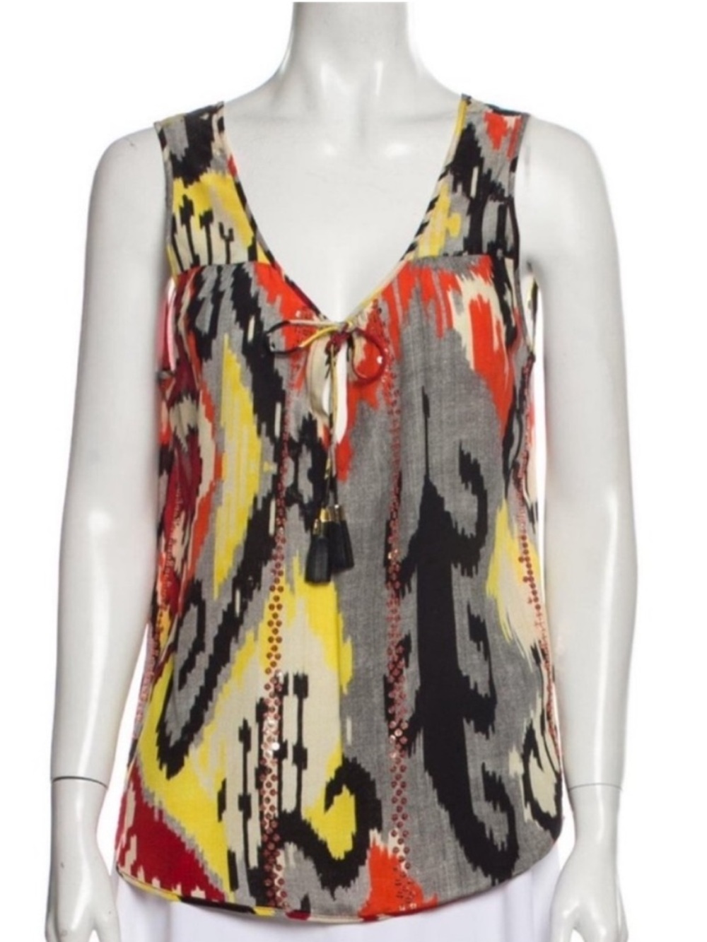 Altuzarra Black Gray Multicolor Silk Ikat Print Sequin Trim Tie Neck Top 4